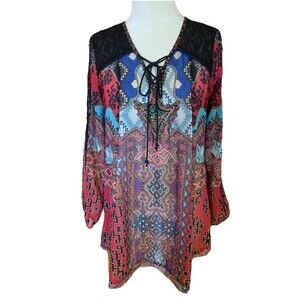 Christina V Boho Mixed Print Beaded Lace Blouse Hippy Top Sz Small Runs Large